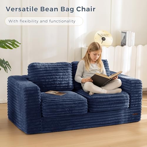 MAXYOYO Giant Bean Bag Chair for Adults, Upholstered Loveseat Floor Sofa with Pillows and Armrests, Large Bean Bag Sofa Plush Chair Bean Bag Couch for Bedroom Living Room, Grey
