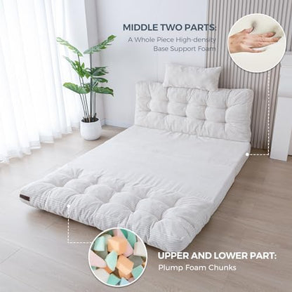 MAXYOYO Bean Bag Bed Tufted Folding Sofa Bed with Pillows, Extra Thick and Long Floor Mattress for Adults, Single Couch Bed for Bedroom Living Room, Beige, 30x91 Inch