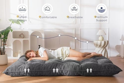 MAXYOYO Japanese Floor Mattress Full Size, 6" Foldable Futon Mattress Tufted Roll Up Floor Bed, Thick Chenille Tatami Mat Sleeping Pad for Camping Guest Room Dormitory Bedroom RV, Navy