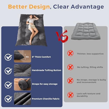 MAXYOYO Japanese Floor Mattress Full Size, 6" Foldable Futon Mattress Tufted Roll Up Floor Bed, Thick Chenille Tatami Mat Sleeping Pad for Camping Guest Room Dormitory Bedroom RV, Navy