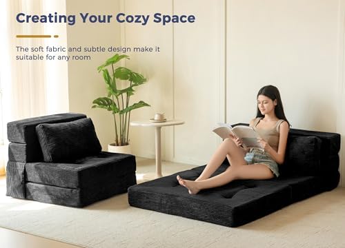 MAXYOYO Convertible Sofa Bed, Fold Out Loveseat Sleeper Sofa with Pillow, 4 in 1 Tufted Folding Couch Bed Foam Floor Couch, Lazy Chair for Living Room Bedroom Guest Room, Dark Grey