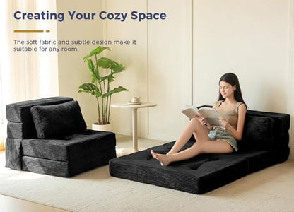 MAXYOYO Convertible Sofa Bed, Fold Out Loveseat Sleeper Sofa with Pillow, 4 in 1 Tufted Folding Couch Bed Foam Floor Couch, Lazy Chair for Living Room Bedroom Guest Room, Dark Grey