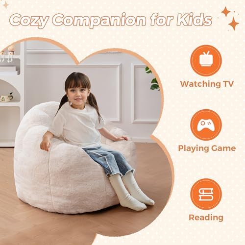 MAXYOYO Kids Bean Bag Chair, Floral Shaped Bean Bag Sofa, Plush Faux Fur Toddler Couch with Petal Backrest for Boys Girls, Stuffed Cozy Sofa for Nursery, Bedroom, Pink