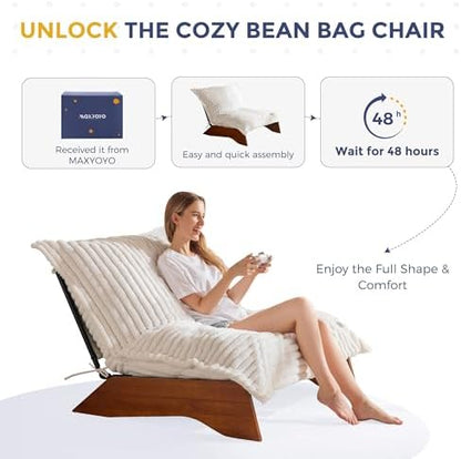 MAXYOYO Adjustable Living Room Chair, 3-Position Bean Bag Chair with Removable Cover, Upholstered Accent Chair with Frame, Soft Reclining Lounge for Bedroom, Apartment, Office, Beige
