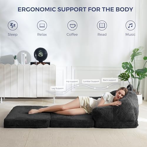 MAXYOYO Folding Sofa Bed, 2 in 1 Convertible Sofa to Lounger Comfy Single Bean Bag Chair for Adults, Floor Sleeper Couch with Handle, Faux Fur Couch Bed for Living Room Bedroom, Pink
