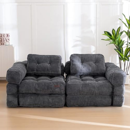 MAXYOYO Folding Sofa Bed, L-Shaped Convertible Sofa Bed with Armrest Foldable Sleeper Sofa with Pillow, Portable Fold Out Chair Bed Comfy Floor Lounge for Living Room Bedroom, Dark Grey