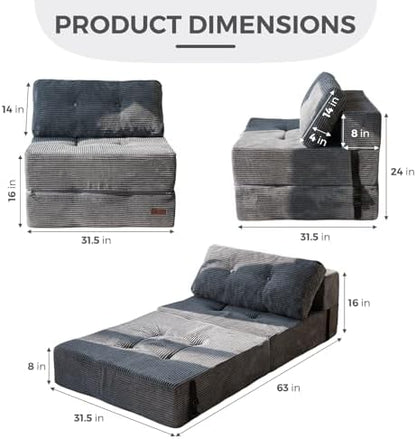 MAXYOYO Folding Sofa Bed, Convertible Sofa Bed with High-Density Support Foam, Portable 4 in 1 Fold Out Chair to Floor Lounger, Versatile Floor Couch for Living Room Bedroom, Dark Grey