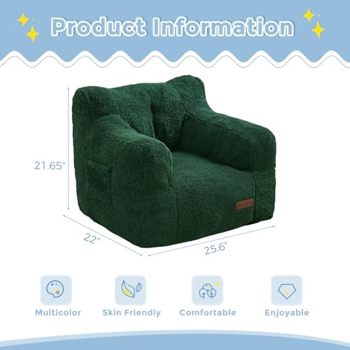 MAXYOYO Kids Sherpa Bean Bag Chair, Boucle Toddler Chair Toddler Bean Bag Couch for Girls and Boys, Teddy Lazy Sofa with Pocket for Playing, Green