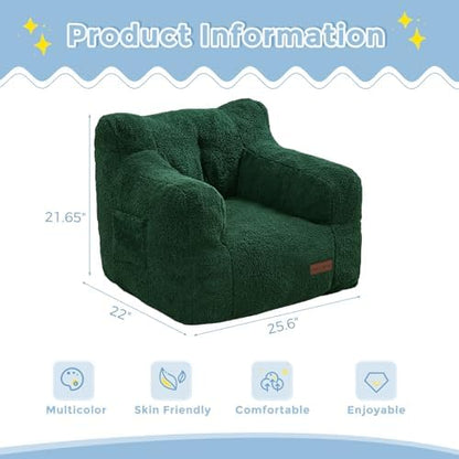 MAXYOYO Kids Sherpa Bean Bag Chair, Boucle Toddler Chair Toddler Bean Bag Couch for Girls and Boys, Teddy Lazy Sofa with Pocket for Playing, Green