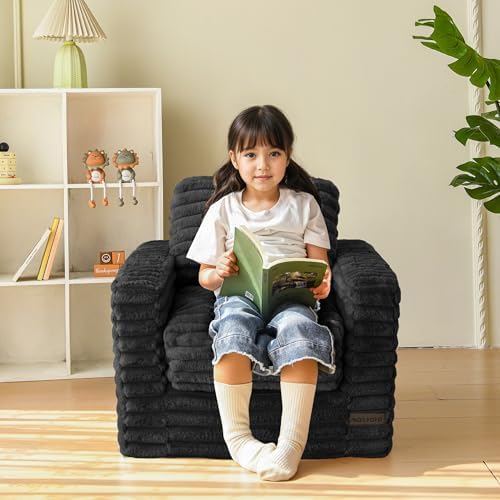 MAXYOYO Kids Bean Bag Chair, Comfy Faux Fur Bean Bag Sofa with Filler, Upholstered Floor Sofa with Pillows and Armrests, Lazy Floor Chair Couch for Boys and Girls, Pink