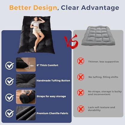 MAXYOYO Japanese Floor Mattress Full Size, 6" Foldable Futon Mattress Tufted Roll Up Floor Bed, Thick Chenille Tatami Mat Sleeping Pad for Camping Guest Room Dormitory Bedroom RV, Navy