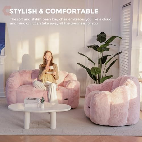 MAXYOYO Bean Bag Chair for Adults, Floral Shaped Bean Bag Sofa, Ultra Soft Faux Fur Floor Sofa, Large Reading Chair for Living Room Bedroom, Beige, Single