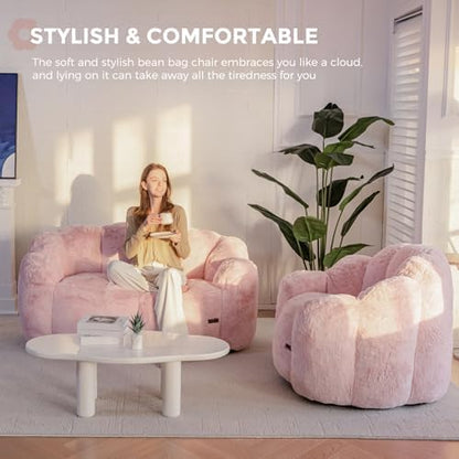 MAXYOYO Bean Bag Chair for Adults, Floral Shaped Bean Bag Sofa, Ultra Soft Faux Fur Floor Sofa, Large Reading Chair for Living Room Bedroom, Beige, Single