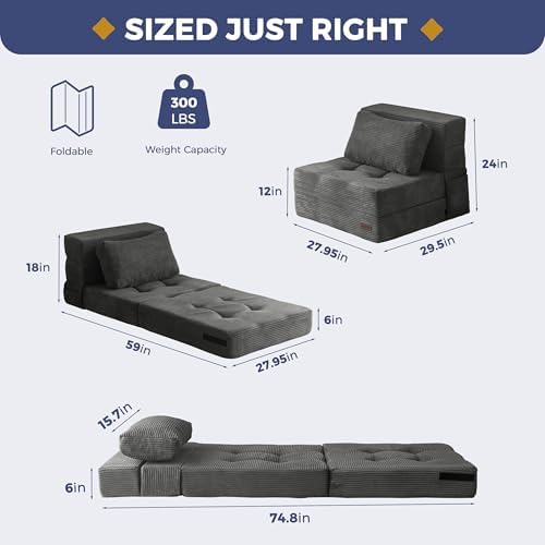 MAXYOYO Convertible Sofa Bed, Fold Out Loveseat Sleeper Sofa with Pillow, 4 in 1 Tufted Folding Couch Bed Foam Floor Couch, Lazy Chair for Living Room Bedroom Guest Room, Dark Grey