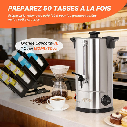 Hakka Percolateur À Café 7L/50 Tasses, Professionnelle Percolateur En Acier Inoxydable, Grand Distributeur De Café, Commercial Percolateurs Électrique Avec Indicateur De Niveau D'Eau (Max: 5,7L)