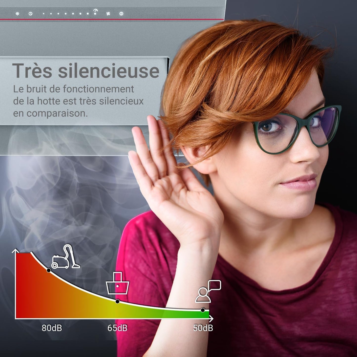 Hotte Murale Inclinée 90 Cm A+++ 782 M³/H Évacuation/Recyclage | Verre Gris Mat | Fonction Arrêt Différé | Smart Wifi App WLAN | Commandes Sensortouch | Éclairage LED RGBW | PLOOM9005G