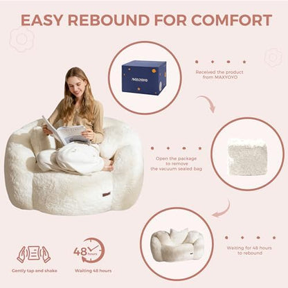 MAXYOYO Bean Bag Chair for Adults, Floral Shaped Bean Bag Sofa, Ultra Soft Faux Fur Floor Sofa, Large Reading Chair for Living Room Bedroom, Beige, Single