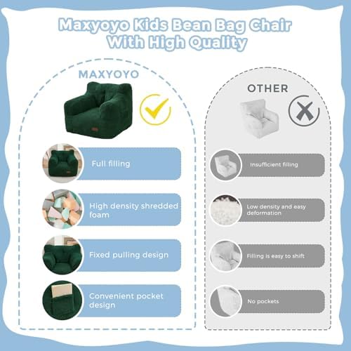 MAXYOYO Kids Sherpa Bean Bag Chair, Boucle Toddler Chair Toddler Bean Bag Couch for Girls and Boys, Teddy Lazy Sofa with Pocket for Playing, Green
