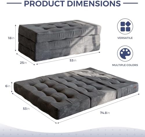 MAXYOYO Tri-Fold Mattress, 6 Inch Tufted Folding Mattress Full Foam Bed, Foldable Floor Couch Guest Bed Topper Portable Camping Sleeper with Corded Fabric, Dark Grey, 53"x75"