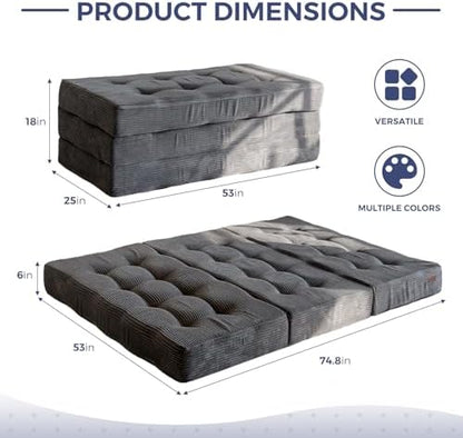 MAXYOYO Tri-Fold Mattress, 6 Inch Tufted Folding Mattress Full Foam Bed, Foldable Floor Couch Guest Bed Topper Portable Camping Sleeper with Corded Fabric, Dark Grey, 53"x75"