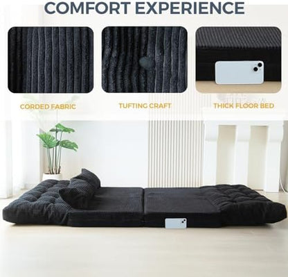 MAXYOYO Bean Bag Bed Tufted Folding Sofa Bed with Pillows, Extra Thick and Long Floor Mattress for Adults, Single Couch Bed for Bedroom Living Room, Beige, 30x91 Inch