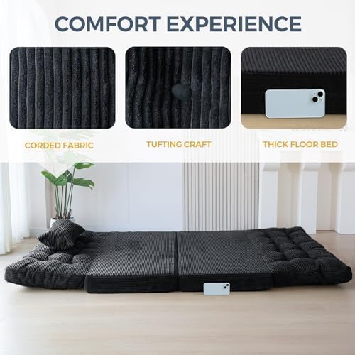 MAXYOYO Bean Bag Bed Tufted Folding Sofa Bed with Pillows, Extra Thick and Long Floor Mattress for Adults, Single Couch Bed for Bedroom Living Room, Beige, 30x91 Inch