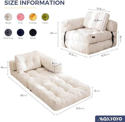 MAXYOYO Folding Sofa Bed, L-Shaped Convertible Sofa Bed with Armrest Foldable Sleeper Sofa with Pillow, Portable Fold Out Chair Bed Comfy Floor Lounge for Living Room Bedroom, Dark Grey