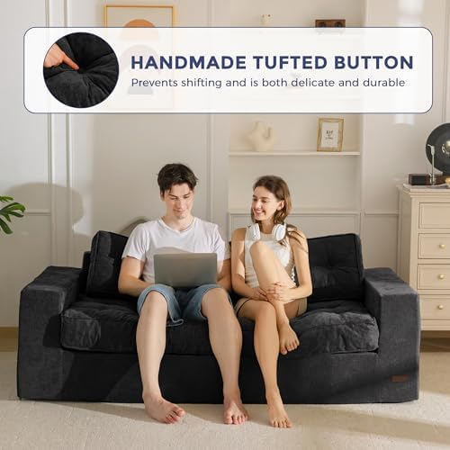 MAXYOYO Bean Bag Chair for Adults, Upholstered Floor Sofa with Armrests, Loveseat Boneless Couch with Tufted Cushion &amp; Backrest, Sofa in A Box, Large Bean Bag Couch for Bedroom Living Room, Black