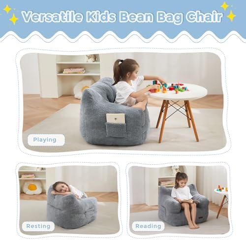 MAXYOYO Kids Sherpa Bean Bag Chair, Boucle Toddler Chair Toddler Bean Bag Couch for Girls and Boys, Teddy Lazy Sofa with Pocket for Playing, Green