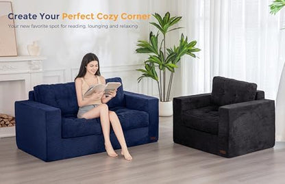 MAXYOYO Bean Bag Chair for Adults, Upholstered Floor Sofa with Armrests, Loveseat Boneless Couch with Tufted Cushion &amp; Backrest, Sofa in A Box, Large Bean Bag Couch for Bedroom Living Room, Black