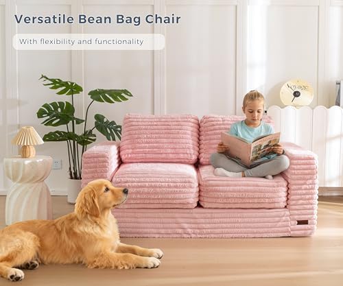 MAXYOYO Giant Bean Bag Chair for Adults, Upholstered Loveseat Floor Sofa with Pillows and Armrests, Large Bean Bag Sofa Plush Chair Bean Bag Couch for Bedroom Living Room, Grey