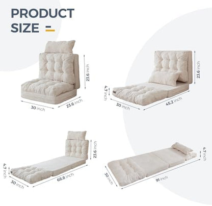 MAXYOYO Bean Bag Bed Tufted Folding Sofa Bed with Pillows, Extra Thick and Long Floor Mattress for Adults, Single Couch Bed for Bedroom Living Room, Beige, 30x91 Inch