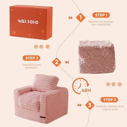 MAXYOYO Kids Bean Bag Chair, Comfy Faux Fur Bean Bag Sofa with Filler, Upholstered Floor Sofa with Pillows and Armrests, Lazy Floor Chair Couch for Boys and Girls, Pink