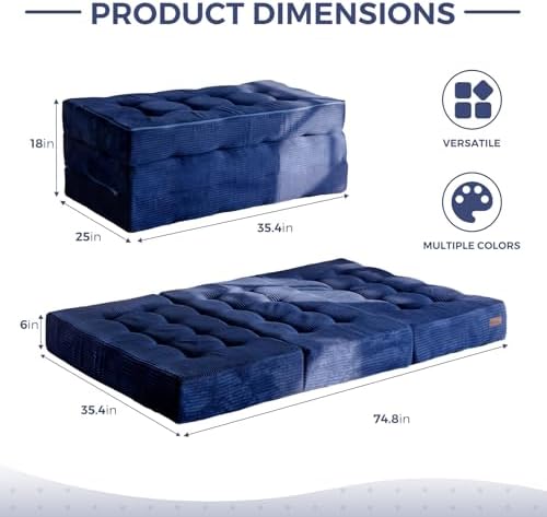 MAXYOYO Tri-Fold Mattress, 6 Inch Tufted Folding Mattress Full Foam Bed, Foldable Floor Couch Guest Bed Topper Portable Camping Sleeper with Corded Fabric, Dark Grey, 53"x75"