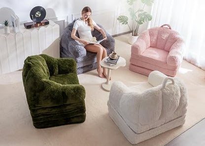MAXYOYO Folding Sofa Bed, 2 in 1 Convertible Sofa to Lounger Comfy Single Bean Bag Chair for Adults, Floor Sleeper Couch with Handle, Faux Fur Couch Bed for Living Room Bedroom, Pink
