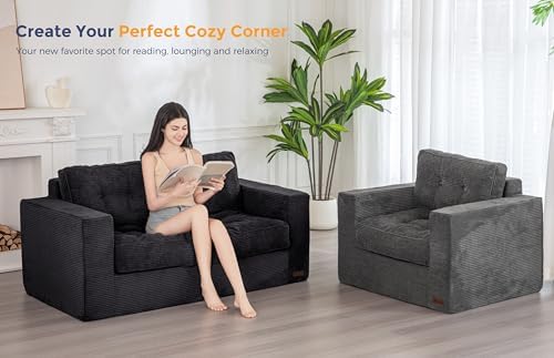 MAXYOYO Bean Bag Chair for Adults, Upholstered Floor Sofa with Armrests, Loveseat Boneless Couch with Tufted Cushion &amp; Backrest, Sofa in A Box, Large Bean Bag Couch for Bedroom Living Room, Black