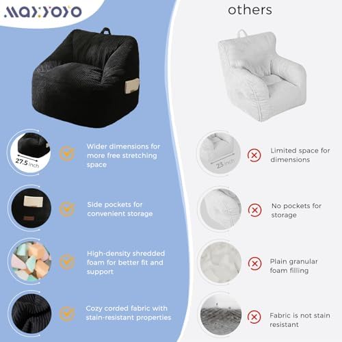 MAXYOYO Kids Bean Bag Chair, Bean Bag Couch with Handle, Comfy Toddler Chair for Boys and Girls, Accent Sofa Chair with Pocket for Gaming Reading Relaxing, Pink