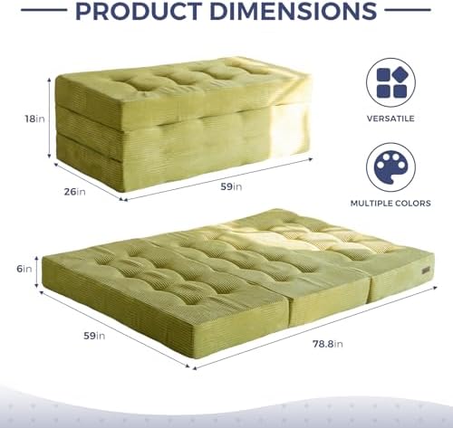 MAXYOYO Tri-Fold Mattress, 6 Inch Tufted Folding Mattress Full Foam Bed, Foldable Floor Couch Guest Bed Topper Portable Camping Sleeper with Corded Fabric, Dark Grey, 53"x75"