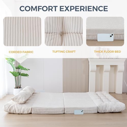MAXYOYO Bean Bag Bed Tufted Folding Sofa Bed with Pillows, Extra Thick and Long Floor Mattress for Adults, Single Couch Bed for Bedroom Living Room, Beige, 30x91 Inch