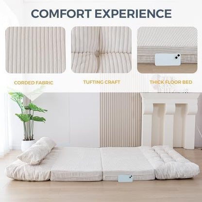 MAXYOYO Bean Bag Bed Tufted Folding Sofa Bed with Pillows, Extra Thick and Long Floor Mattress for Adults, Single Couch Bed for Bedroom Living Room, Beige, 30x91 Inch