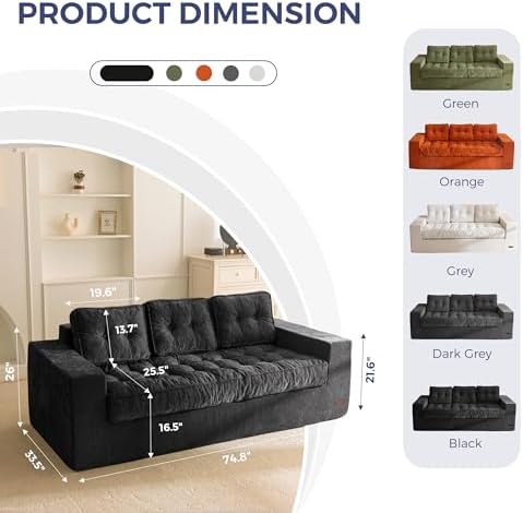 MAXYOYO Bean Bag Chair for Adults, Upholstered Floor Sofa with Armrests, Loveseat Boneless Couch with Tufted Cushion &amp; Backrest, Sofa in A Box, Large Bean Bag Couch for Bedroom Living Room, Black