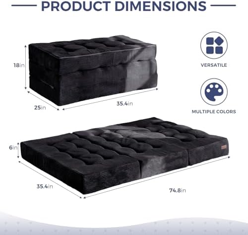 MAXYOYO Tri-Fold Mattress, 6 Inch Tufted Folding Mattress Full Foam Bed, Foldable Floor Couch Guest Bed Topper Portable Camping Sleeper with Corded Fabric, Dark Grey, 53"x75"