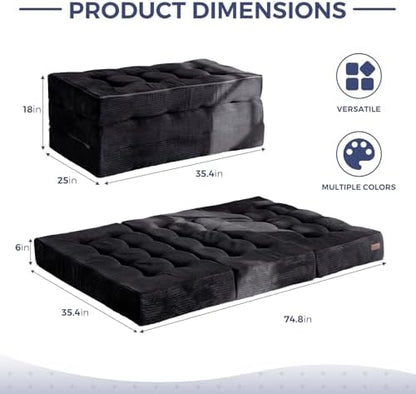 MAXYOYO Tri-Fold Mattress, 6 Inch Tufted Folding Mattress Full Foam Bed, Foldable Floor Couch Guest Bed Topper Portable Camping Sleeper with Corded Fabric, Dark Grey, 53"x75"