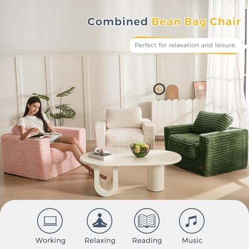 MAXYOYO Giant Bean Bag Chair for Adults, Upholstered Loveseat Floor Sofa with Pillows and Armrests, Large Bean Bag Sofa Plush Chair Bean Bag Couch for Bedroom Living Room, Grey