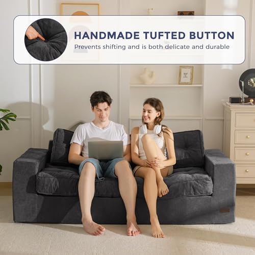 MAXYOYO Bean Bag Chair for Adults, Upholstered Floor Sofa with Armrests, Loveseat Boneless Couch with Tufted Cushion &amp; Backrest, Sofa in A Box, Large Bean Bag Couch for Bedroom Living Room, Black