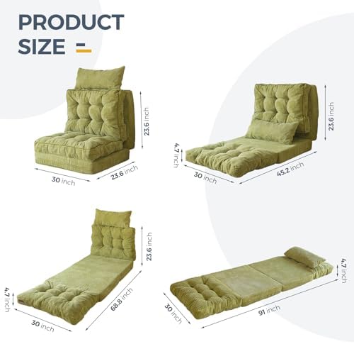 MAXYOYO Bean Bag Bed Tufted Folding Sofa Bed with Pillows, Extra Thick and Long Floor Mattress for Adults, Single Couch Bed for Bedroom Living Room, Beige, 30x91 Inch