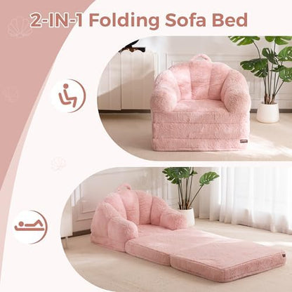 MAXYOYO Folding Sofa Bed, 2 in 1 Convertible Sofa to Lounger Comfy Single Bean Bag Chair for Adults, Floor Sleeper Couch with Handle, Faux Fur Couch Bed for Living Room Bedroom, Pink
