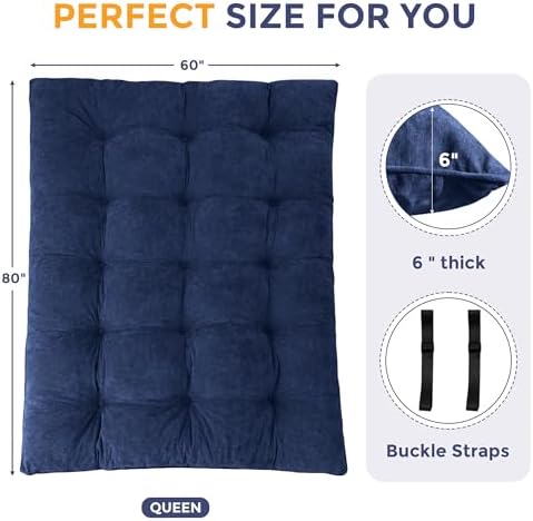 MAXYOYO Japanese Floor Mattress Full Size, 6" Foldable Futon Mattress Tufted Roll Up Floor Bed, Thick Chenille Tatami Mat Sleeping Pad for Camping Guest Room Dormitory Bedroom RV, Navy