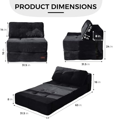 MAXYOYO Folding Sofa Bed, Convertible Sofa Bed with High-Density Support Foam, Portable 4 in 1 Fold Out Chair to Floor Lounger, Versatile Floor Couch for Living Room Bedroom, Dark Grey