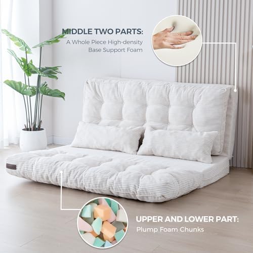 MAXYOYO Bean Bag Bed Tufted Folding Sofa Bed with Pillows, Extra Thick and Long Floor Mattress for Adults, Single Couch Bed for Bedroom Living Room, Beige, 30x91 Inch